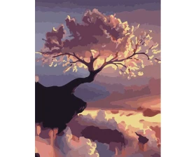 Kwitnąca wiśnia Sakura na skale - Malowanie po numerach